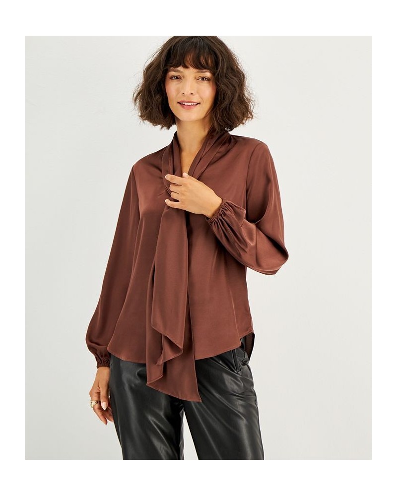 Women's Bow-Tie Long-Sleeve Blouse Gaucho Brown $23.13 Tops