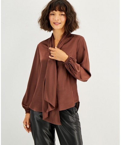 Women's Bow-Tie Long-Sleeve Blouse Gaucho Brown $23.13 Tops