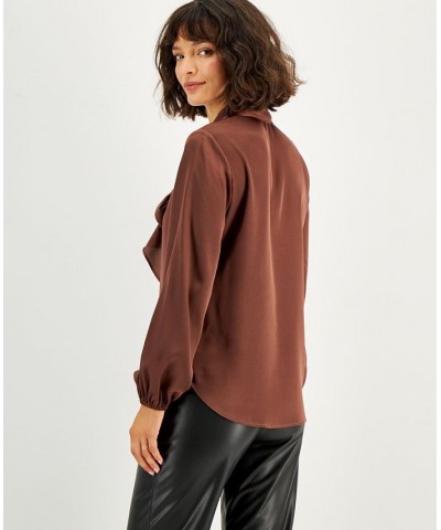 Women's Bow-Tie Long-Sleeve Blouse Gaucho Brown $23.13 Tops