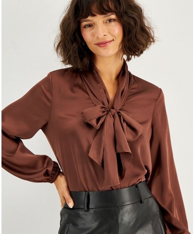 Women's Bow-Tie Long-Sleeve Blouse Gaucho Brown $23.13 Tops