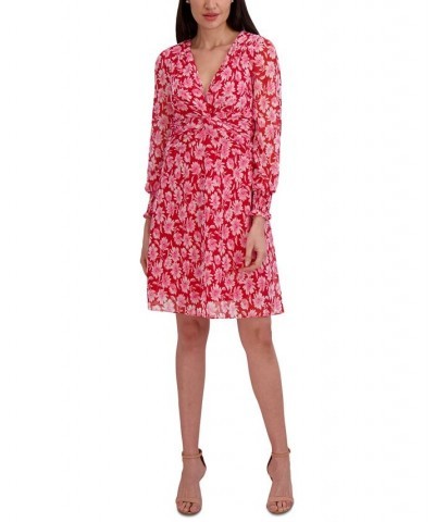 Women's Chiffon V-Neck Long-Sleeve Dress Red Multi $51.60 Dresses