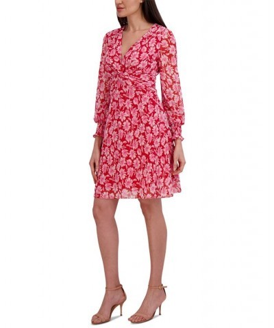 Women's Chiffon V-Neck Long-Sleeve Dress Red Multi $51.60 Dresses