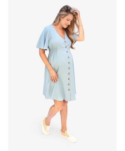 Women's Maternity Flutter Sleeve Shirt Dress Chambray $40.50 Dresses