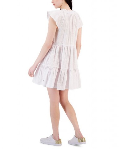 Women's Cotton Flutter-Sleeve Tiered Dress White $28.60 Dresses