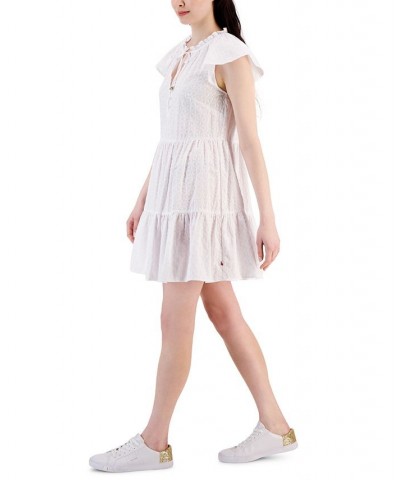 Women's Cotton Flutter-Sleeve Tiered Dress White $28.60 Dresses