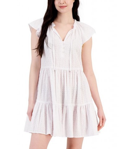 Women's Cotton Flutter-Sleeve Tiered Dress White $28.60 Dresses