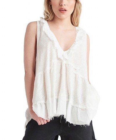 Women's V-Neck Ruffle-Trim Sleeveless Top Cream $17.55 Tops