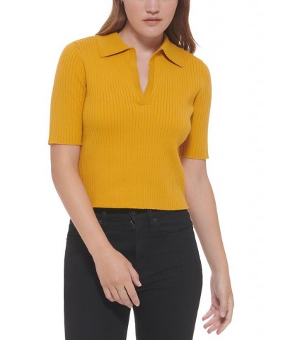 Women's Ribbed Knit Cotton Polo Top Golden Spice $21.94 Tops