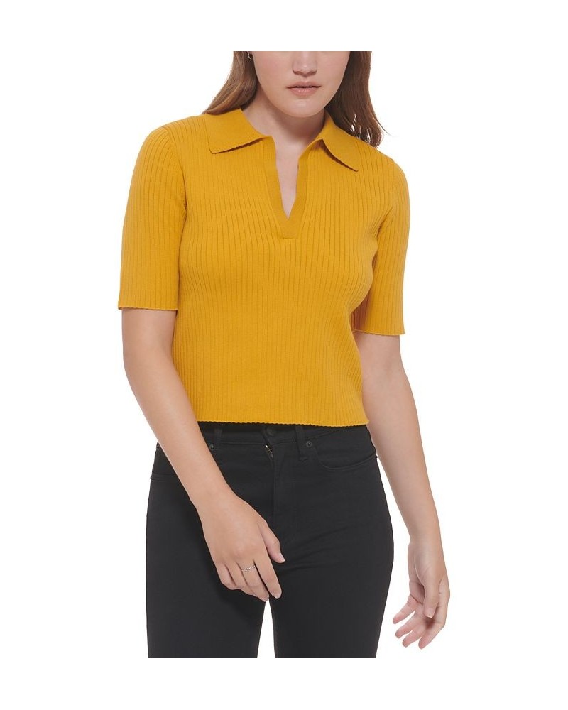 Women's Ribbed Knit Cotton Polo Top Golden Spice $21.94 Tops