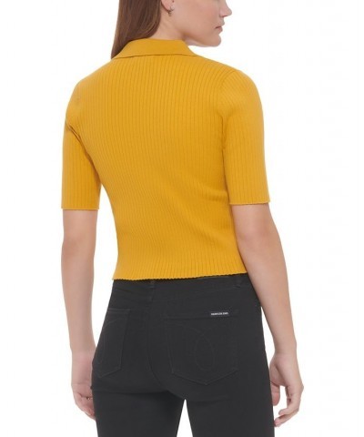 Women's Ribbed Knit Cotton Polo Top Golden Spice $21.94 Tops