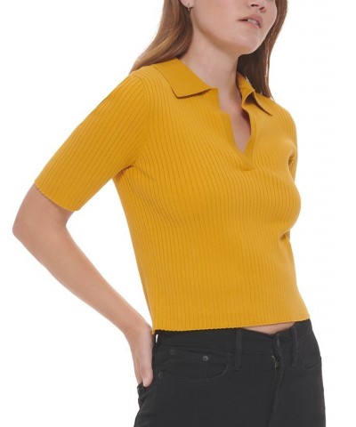 Women's Ribbed Knit Cotton Polo Top Golden Spice $21.94 Tops