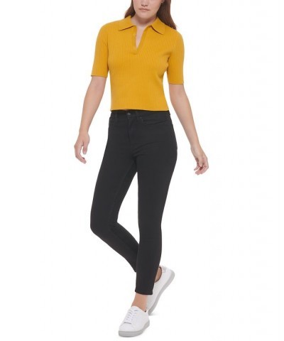 Women's Ribbed Knit Cotton Polo Top Golden Spice $21.94 Tops