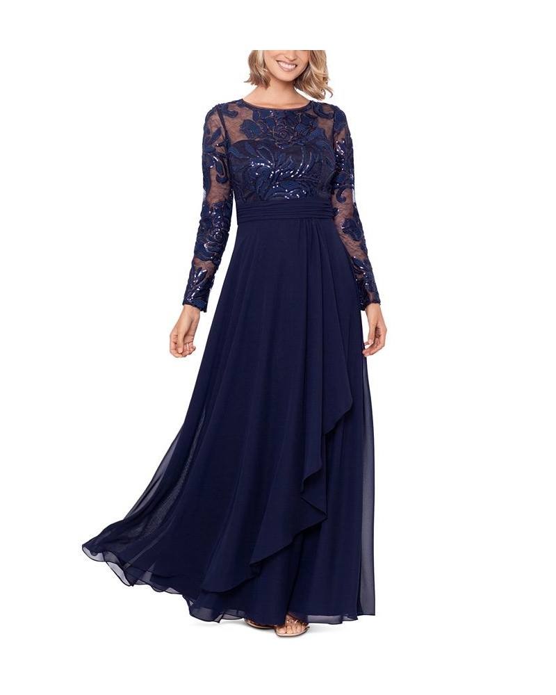 Women's Embroidered-Top Long-Sleeve Gown Navy $134.55 Dresses