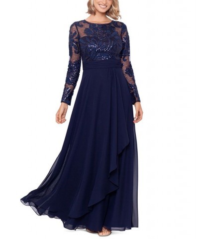 Women's Embroidered-Top Long-Sleeve Gown Navy $134.55 Dresses