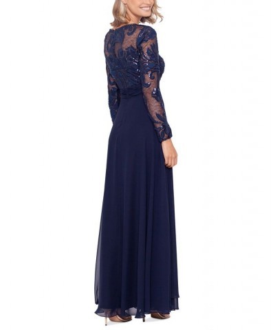 Women's Embroidered-Top Long-Sleeve Gown Navy $134.55 Dresses