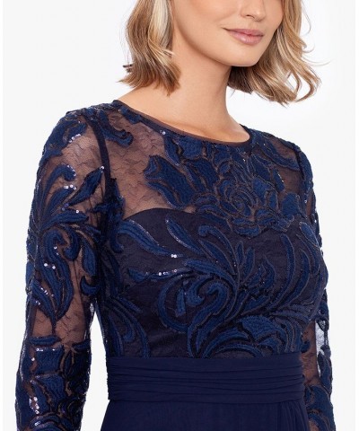 Women's Embroidered-Top Long-Sleeve Gown Navy $134.55 Dresses