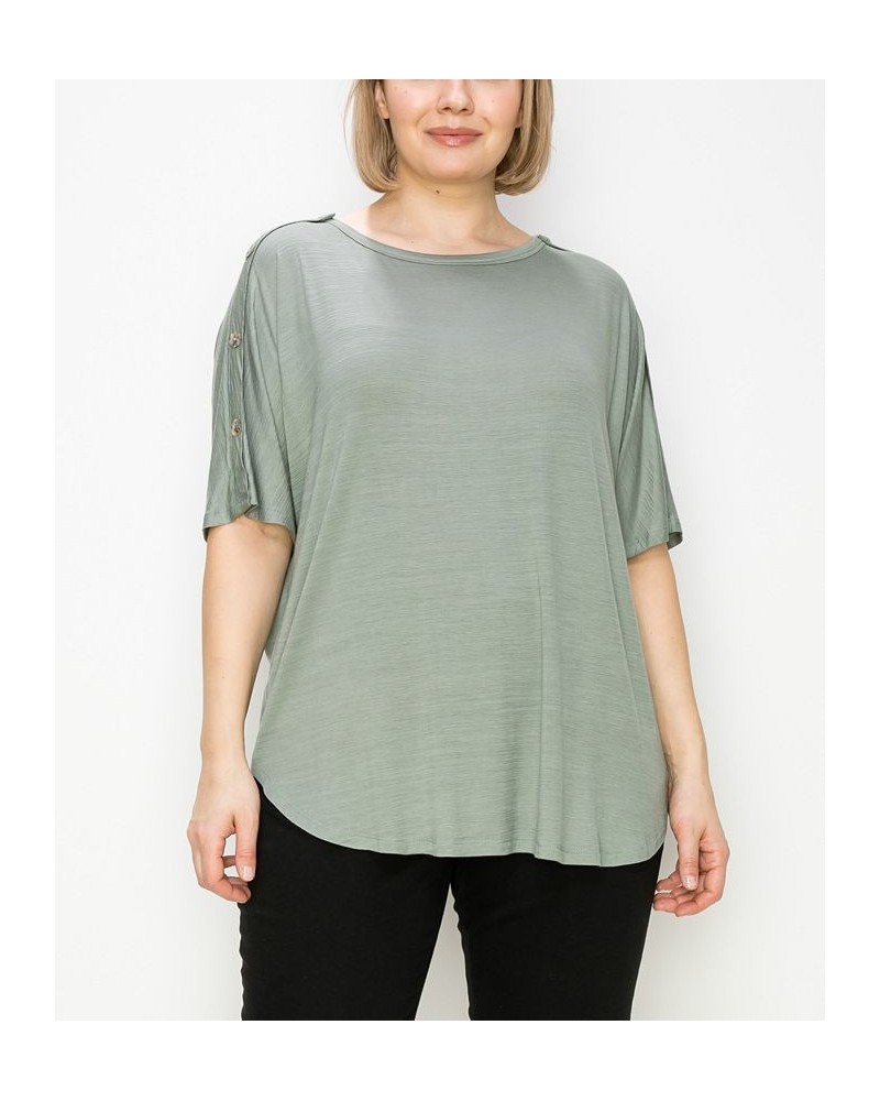 Plus Size Button Shoulder Short Sleeve Top Green $20.14 Tops