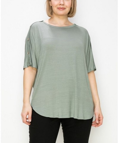 Plus Size Button Shoulder Short Sleeve Top Green $20.14 Tops