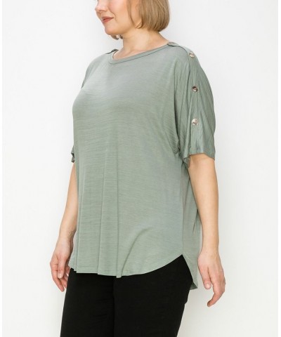 Plus Size Button Shoulder Short Sleeve Top Green $20.14 Tops