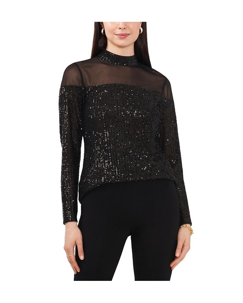 Women's Sequin Illusion Long-Sleeve Turtleneck Top Black $53.46 Tops