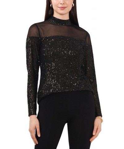 Women's Sequin Illusion Long-Sleeve Turtleneck Top Black $53.46 Tops