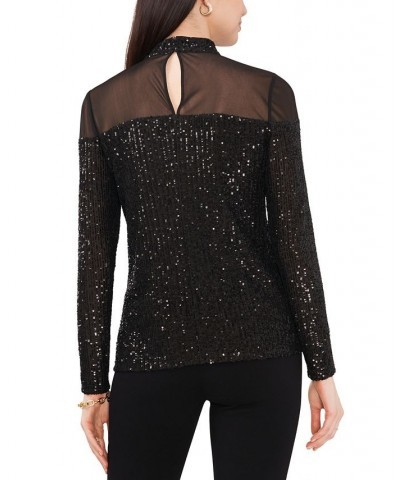 Women's Sequin Illusion Long-Sleeve Turtleneck Top Black $53.46 Tops