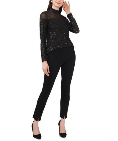 Women's Sequin Illusion Long-Sleeve Turtleneck Top Black $53.46 Tops