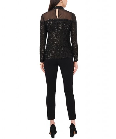 Women's Sequin Illusion Long-Sleeve Turtleneck Top Black $53.46 Tops