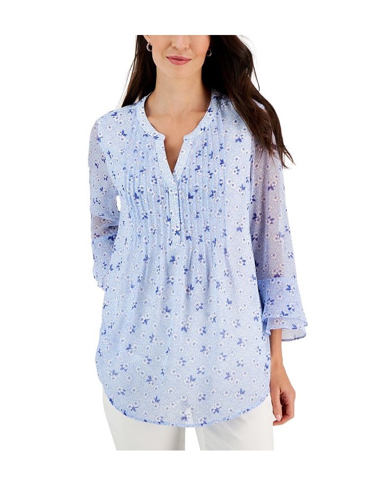 Petite Floral-Print Ruffled 3/4-Sleeve Pintuck Top Ceruln Sky Combo $15.39 Tops