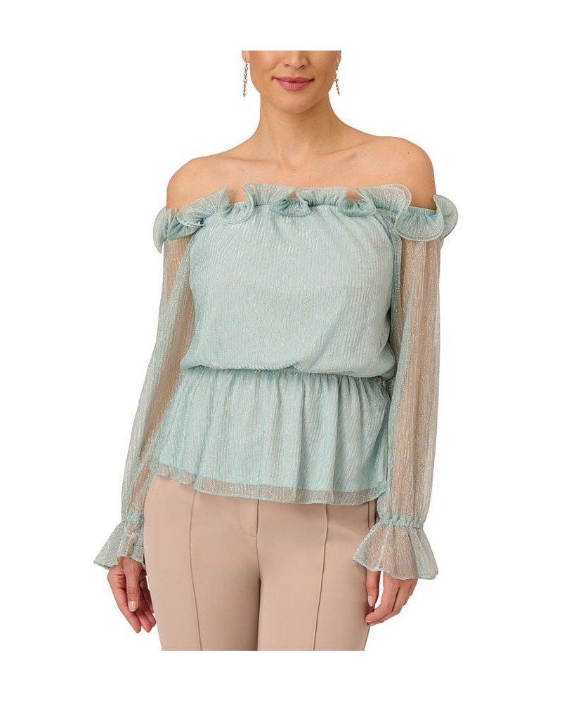 Women's Metallic Mesh Off-The-Shoulder Top Mint Smoke $73.14 Tops