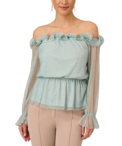 Women's Metallic Mesh Off-The-Shoulder Top Mint Smoke $73.14 Tops