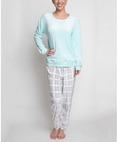 Women's Silky Velour Long Sleeve Top and Jog Style Pant Pajama Set 2 Piece Light Blue $31.90 Sleepwear