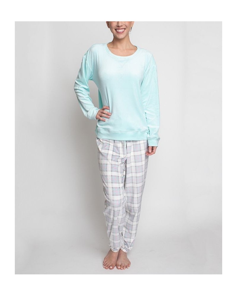 Women's Silky Velour Long Sleeve Top and Jog Style Pant Pajama Set 2 Piece Light Blue $31.90 Sleepwear