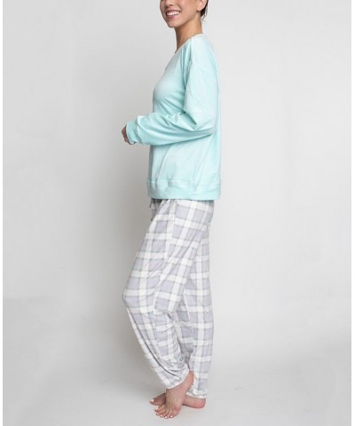 Women's Silky Velour Long Sleeve Top and Jog Style Pant Pajama Set 2 Piece Light Blue $31.90 Sleepwear