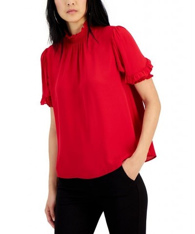 Women's Smocked-Neck Short-Sleeve Top Pink $36.08 Tops