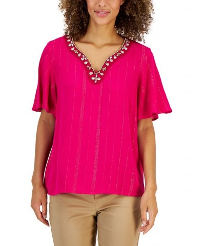 Women's Embellished Split-Neck Top Pink $14.86 Tops