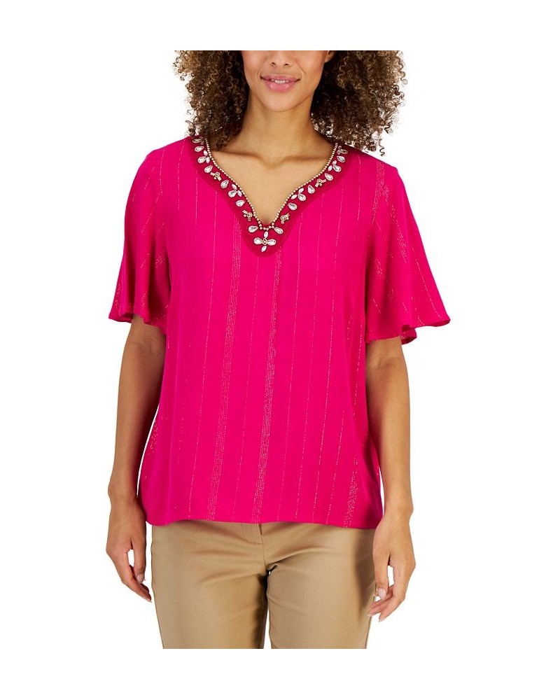 Women's Embellished Split-Neck Top Pink $14.86 Tops