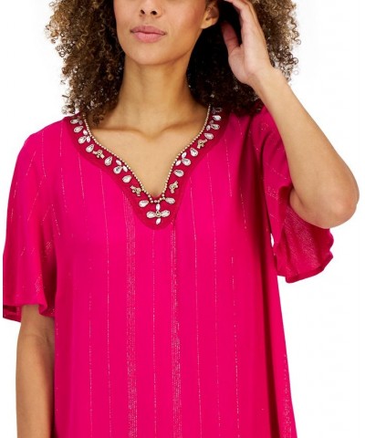 Women's Embellished Split-Neck Top Pink $14.86 Tops