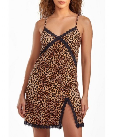 Women's Chiya Leopard Chemise with Lace Trim and Front Lace Slit Leopard $24.60 Sleepwear