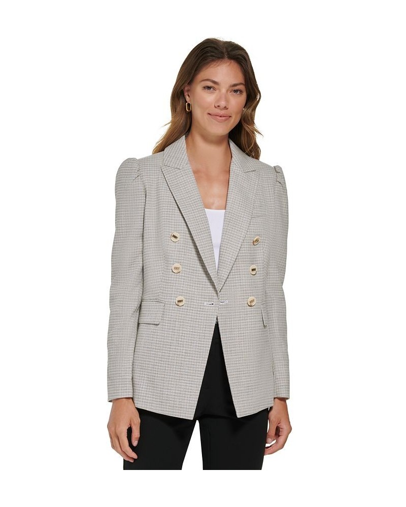 Women's Puff-Sleeve Double Breasted Plaid Blazer Oatmeal Multi $43.74 Jackets