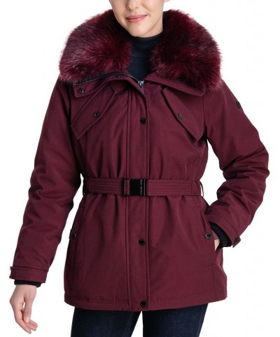 Women's Belted Faux-Fur-Trim Hooded Down Puffer Coat Wine $71.40 Coats