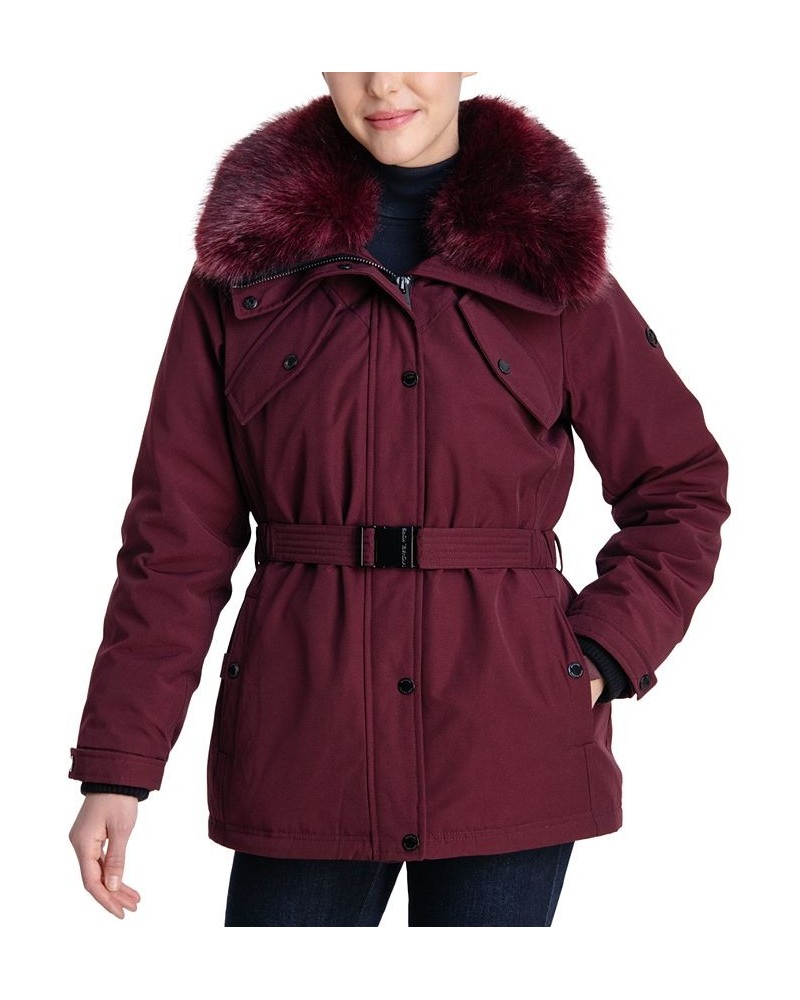 Women's Belted Faux-Fur-Trim Hooded Down Puffer Coat Wine $71.40 Coats