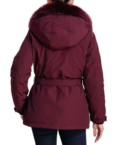 Women's Belted Faux-Fur-Trim Hooded Down Puffer Coat Wine $71.40 Coats