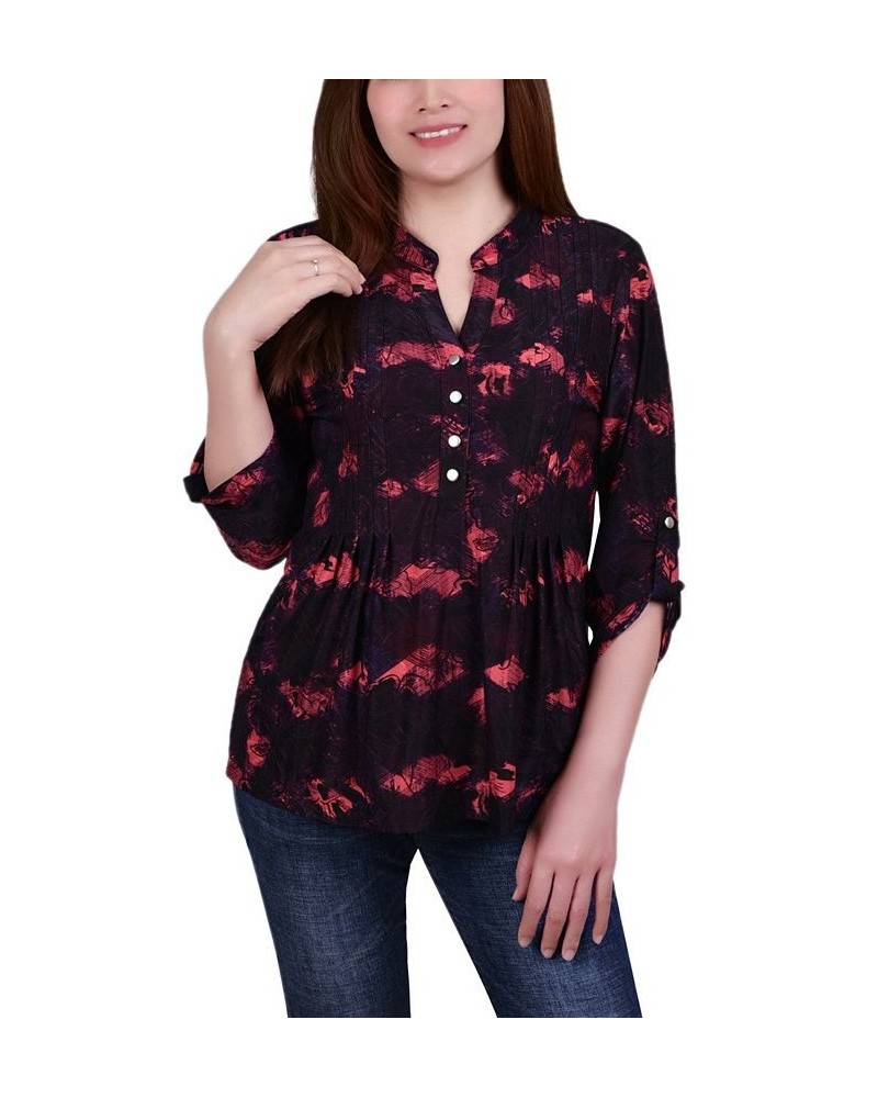 Petite 3/4 Roll Tab Sleeve Printed Pintuck Top Red Milaflor $14.40 Tops