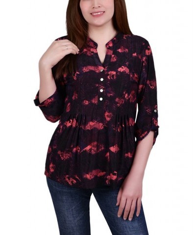 Petite 3/4 Roll Tab Sleeve Printed Pintuck Top Red Milaflor $14.40 Tops