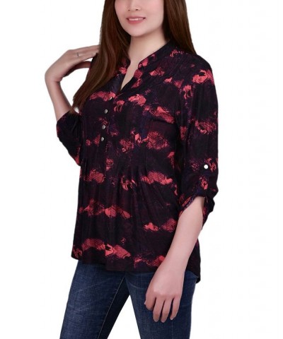 Petite 3/4 Roll Tab Sleeve Printed Pintuck Top Red Milaflor $14.40 Tops