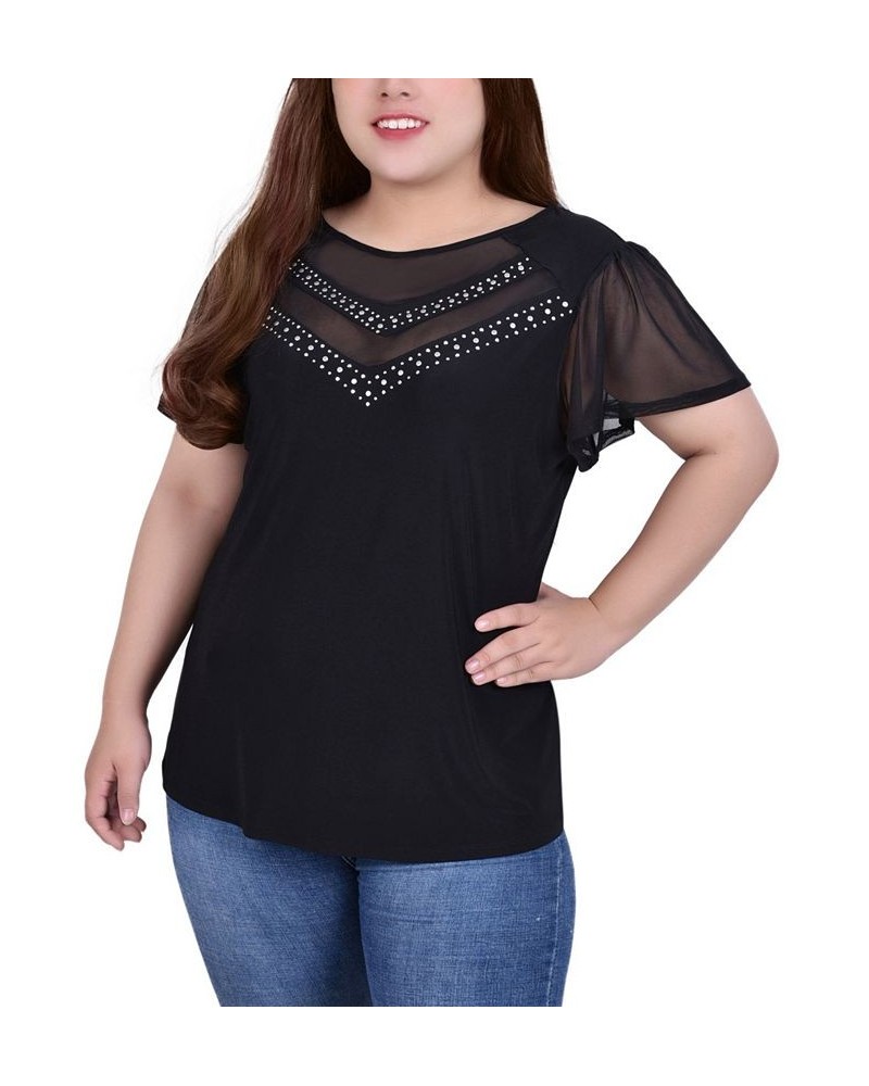 Plus Size Studded Short Flutter Sleeve Top with Mesh Details Black $12.97 Tops