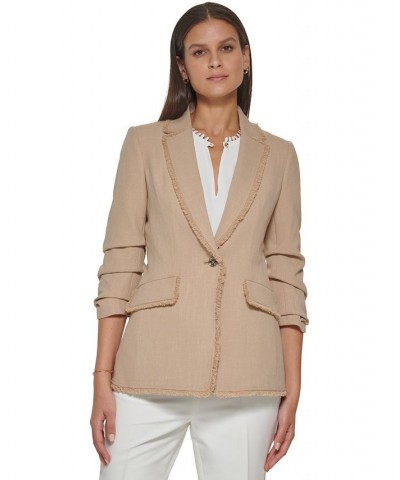 Women's Fringe-Trim Scrunch-Sleeve One-Button Jacket Sand $56.62 Jackets