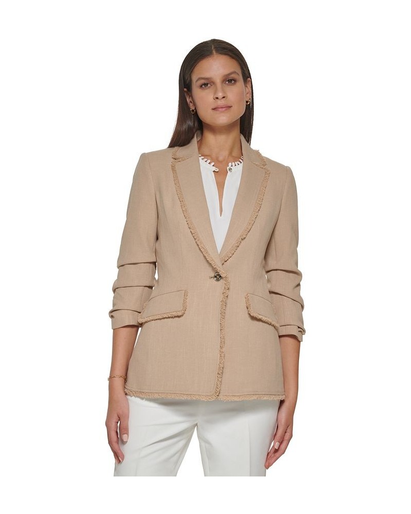 Women's Fringe-Trim Scrunch-Sleeve One-Button Jacket Sand $56.62 Jackets