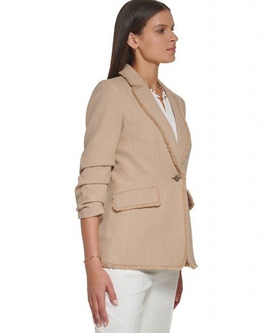 Women's Fringe-Trim Scrunch-Sleeve One-Button Jacket Sand $56.62 Jackets